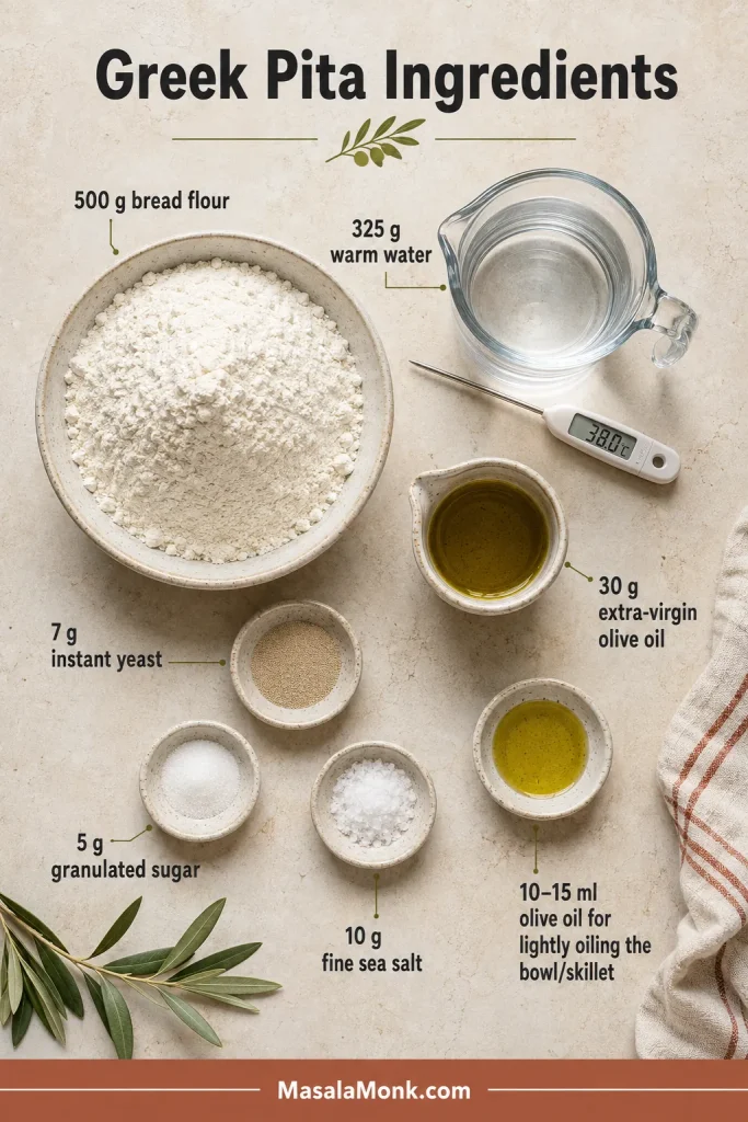 Bread flour, warm water, olive oil, instant yeast, salt and sugar measured for Greek pita dough.