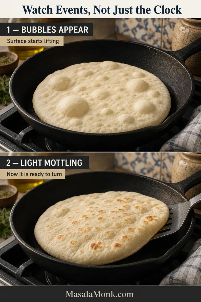 Two-stage skillet comparison showing bubbles forming on a pale pita followed by light brown mottling before the bread is turned.