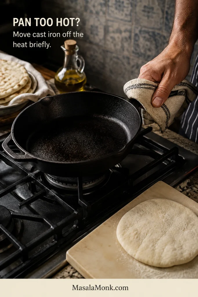 Hand using a protective cloth to move a hot cast-iron skillet away from the burner while an uncooked pita round waits nearby.