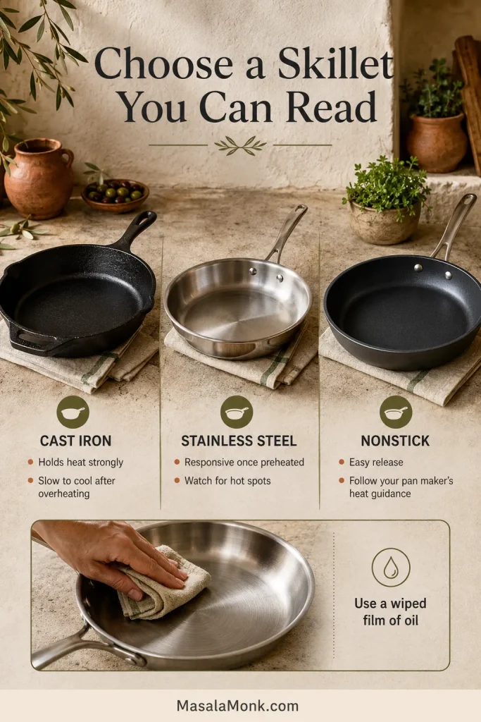 Skillet comparison showing cast iron holding heat strongly, stainless responding after preheating and nonstick releasing easily, with only a thin wiped film of oil.