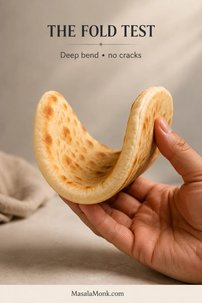 Hand holding an unfilled Greek pita in a deep U-shaped bend, showing a soft mottled surface with no cracks or tearing.