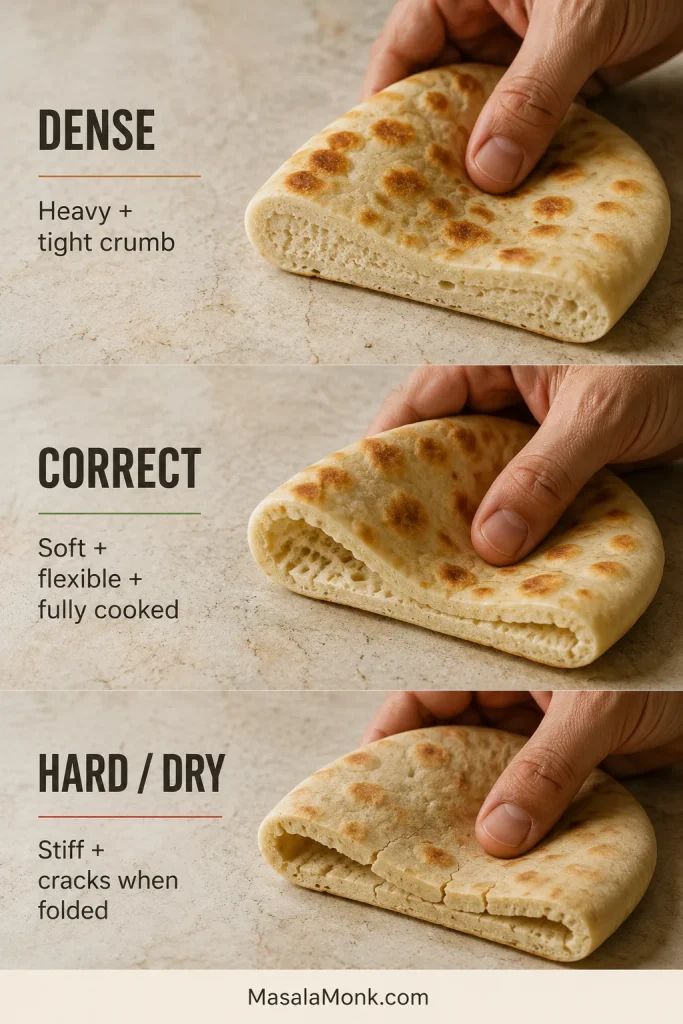 Three folded Greek pitas compared: dense pita with tight crumb, correctly cooked soft pita, and dry pita cracking as it bends.