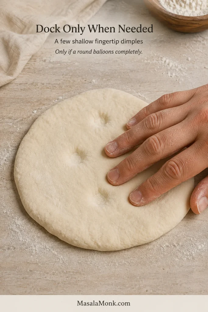 Fingers pressing a few shallow dimples into a rolled pita dough round without piercing holes through it.