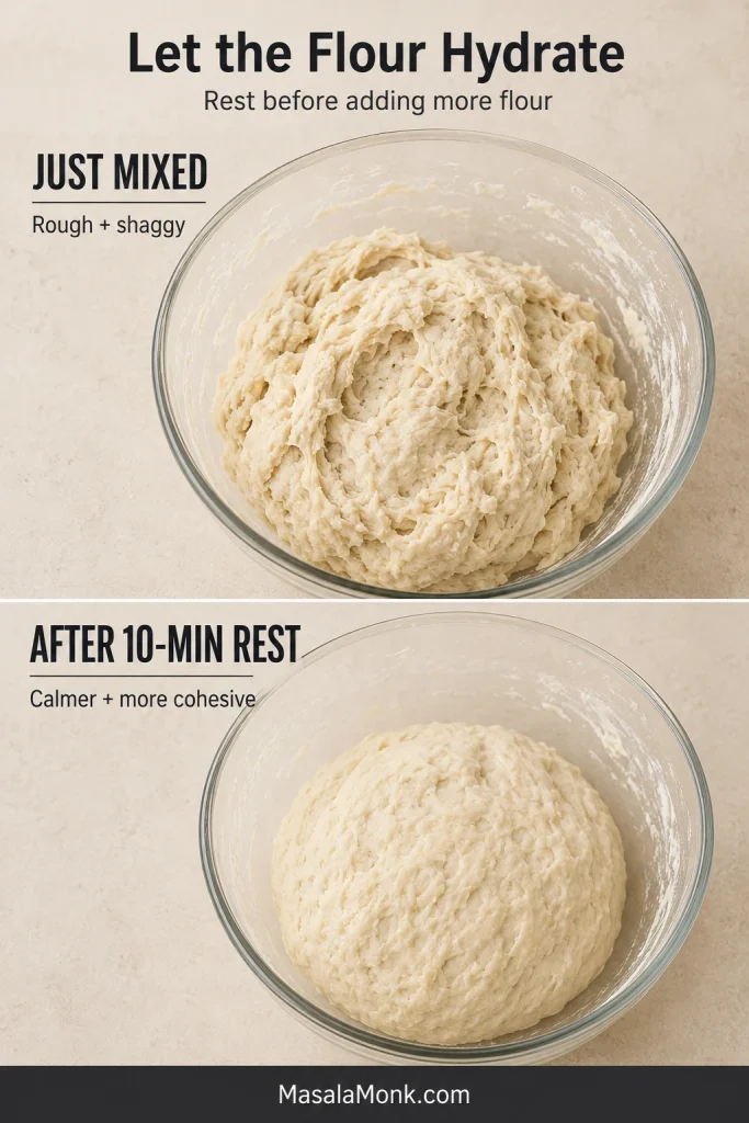 Before-and-after comparison showing rough shaggy Greek pita dough just mixed and smoother, more cohesive dough after a 10-minute rest.