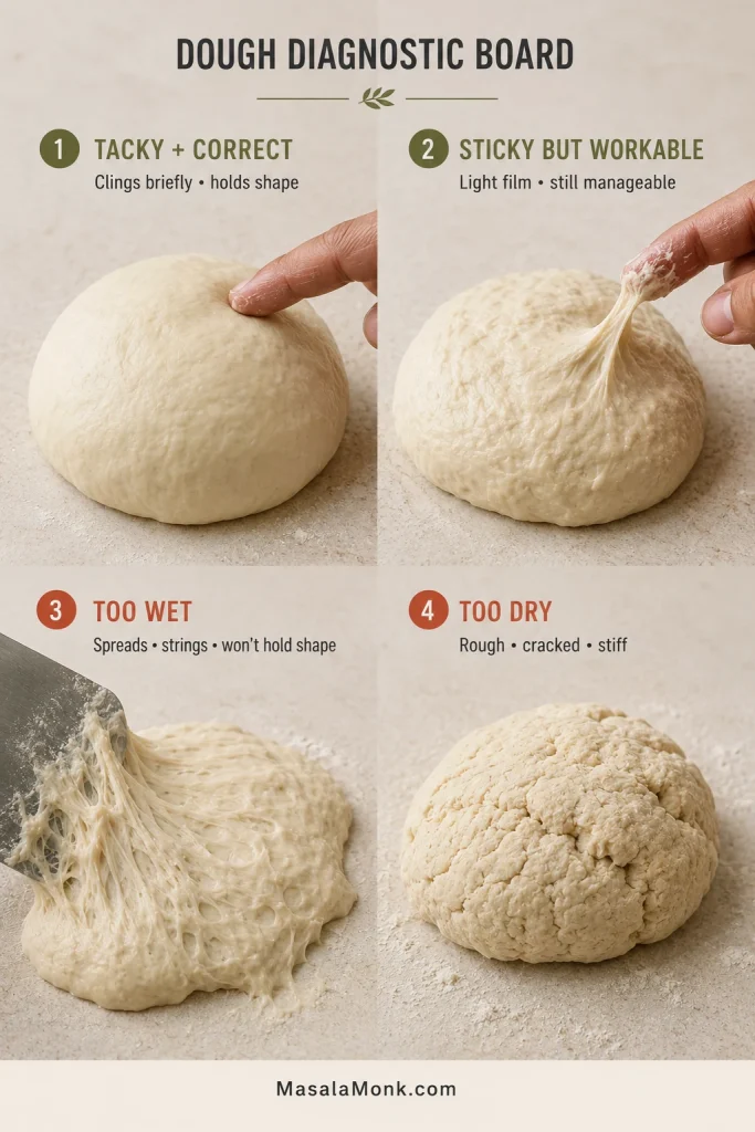 Four pita dough textures compared: tacky and correct, sticky but workable, overly wet and spreading, and overly dry with cracks.
