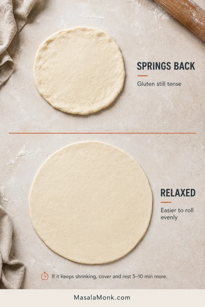 Comparison of a pita dough round that contracted after rolling and a wider relaxed round that stays evenly rolled after extra rest.