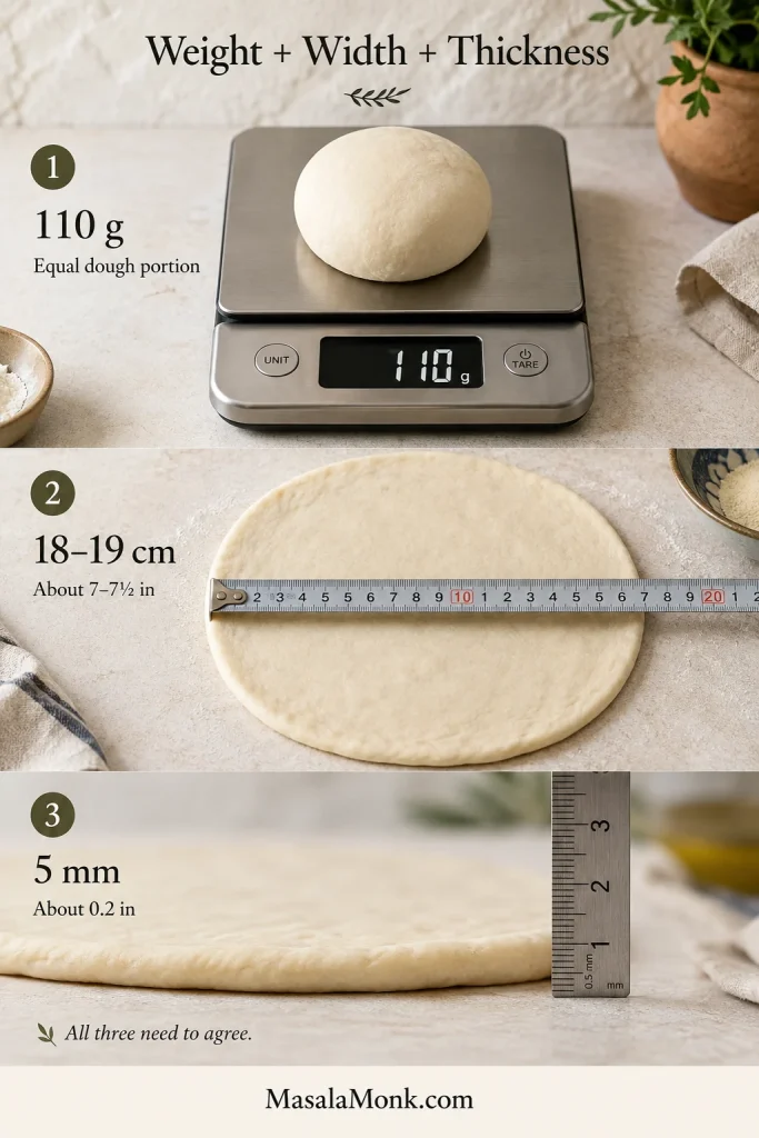 Three-step Greek pita measurement guide showing a 110-gram dough ball, an 18–19-centimeter rolled round and 5-millimeter dough thickness.
