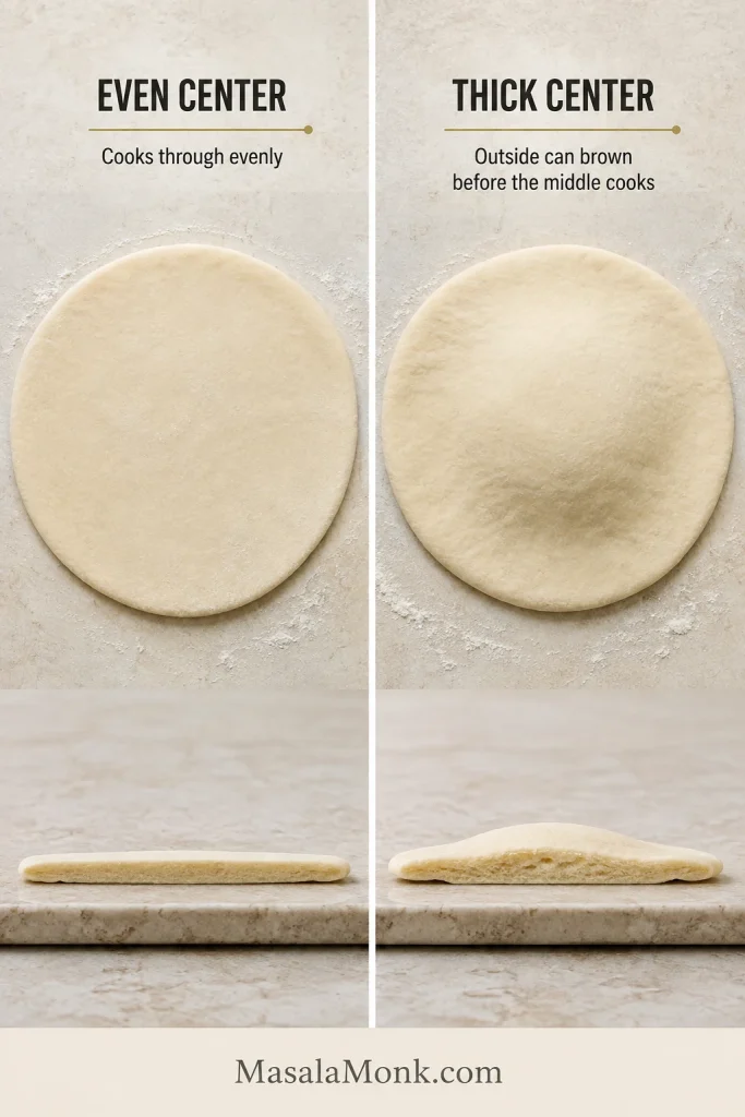 Two rolled pita rounds with similar diameter shown from above and in profile, one evenly thick and one noticeably thicker in the center.