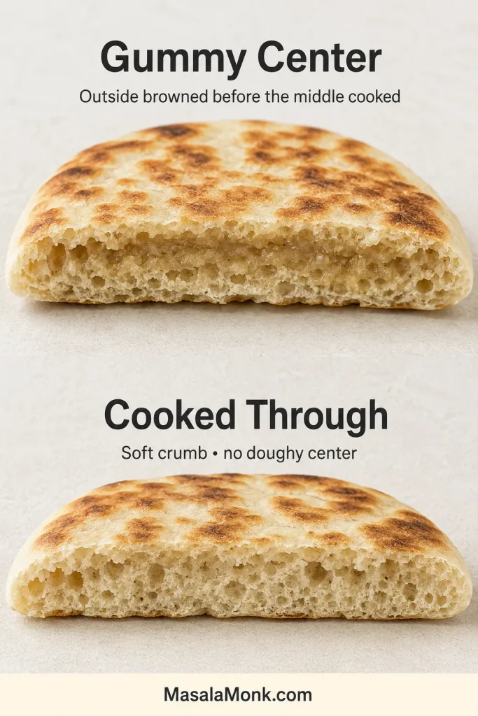 Cross-section comparison of Greek pita with a dense damp undercooked center and pita with a fully set soft cooked crumb.
