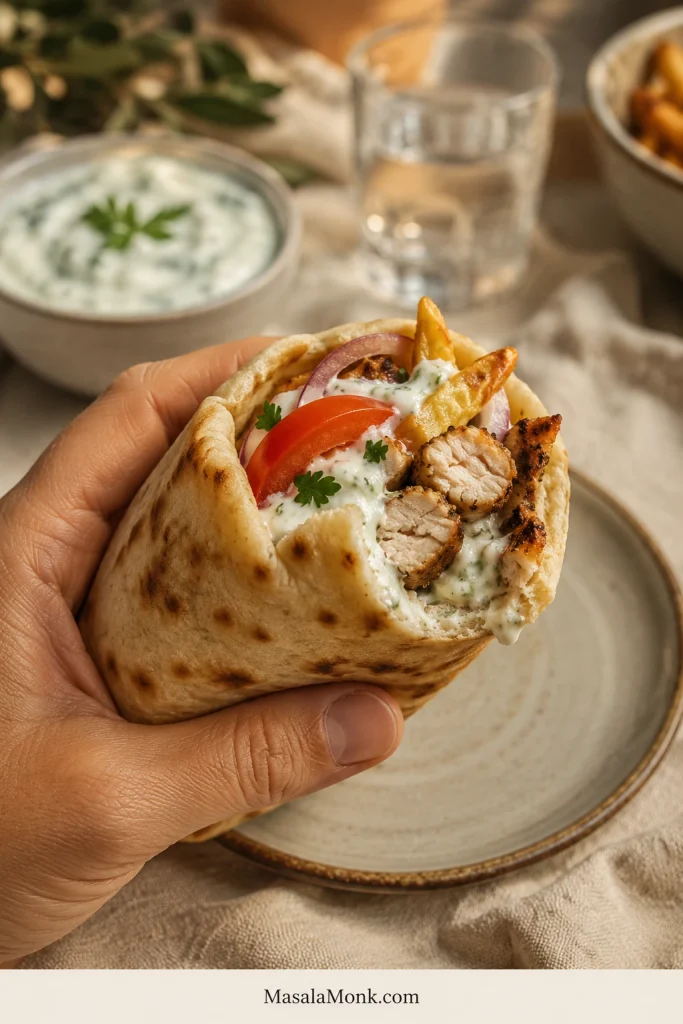 Hand holding a bitten chicken gyro with soft browned Greek pita, tzatziki, tomato, red onion and fries visible inside the fold.