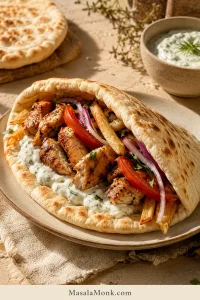 Soft Greek gyro pita folded around grilled chicken, tzatziki, tomato, red onion and fries, with the browned pocketless bread clearly visible.