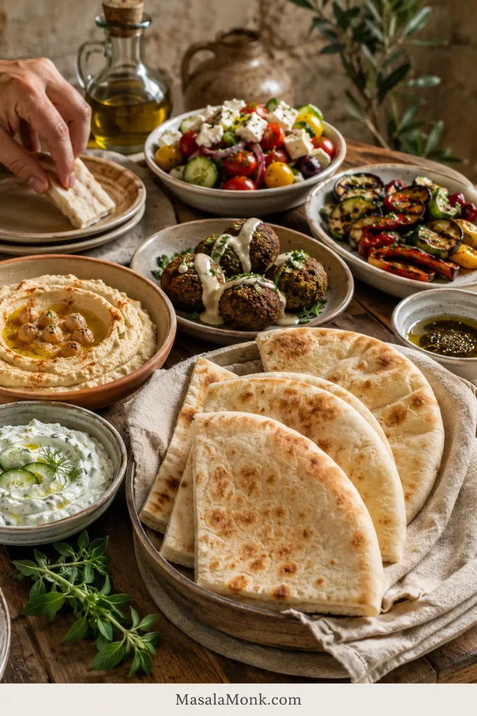 Mediterranean meze table with Greek pita wedges alongside tzatziki, hummus, falafel, salad, olives and grilled vegetables.