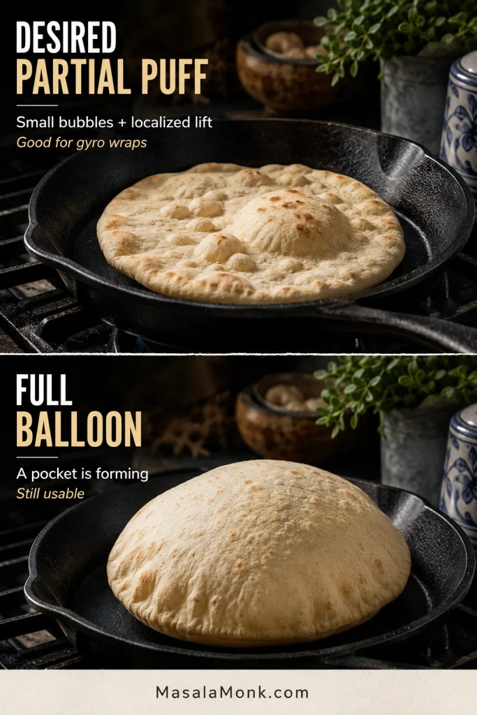 Skillet comparison showing one Greek pita with several localized puffs and another inflated into one large balloon-like pocket.