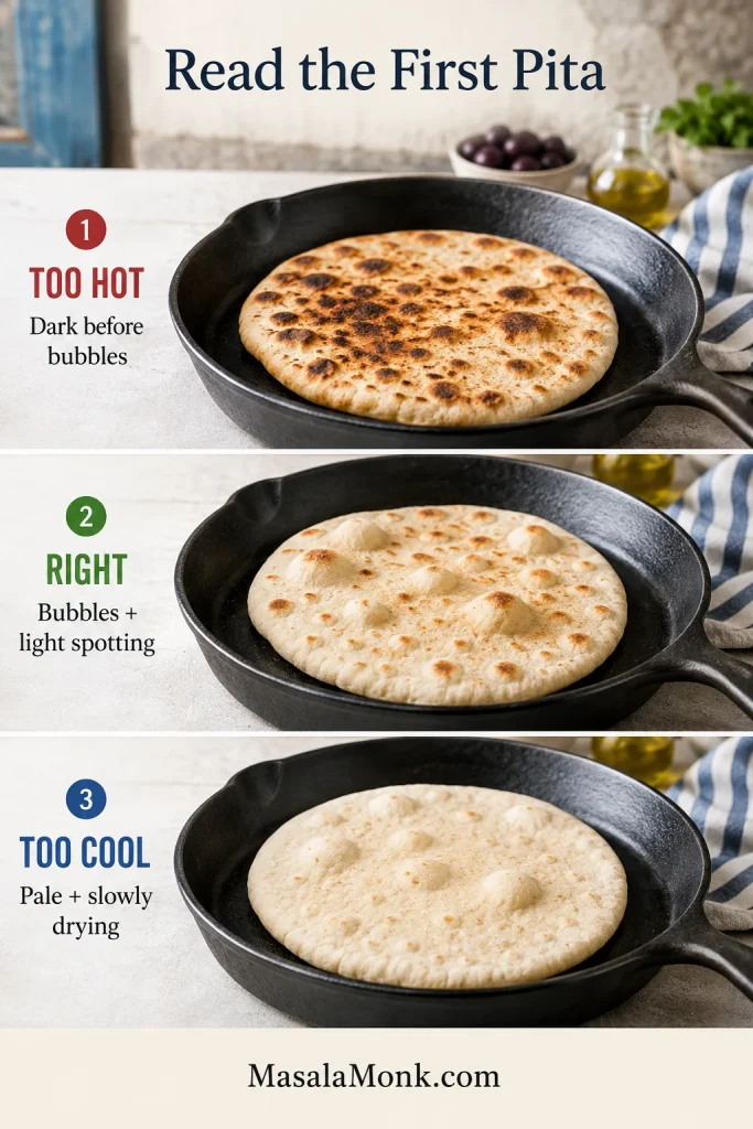 Three pitas compared in a skillet: one browning too quickly, one with balanced bubbles and light spotting, and one remaining pale on low heat.