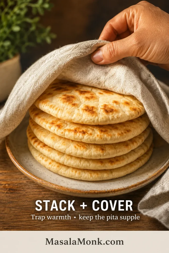 Freshly cooked Greek pitas stacked together while a hand pulls a light linen towel over them to keep the bread soft.