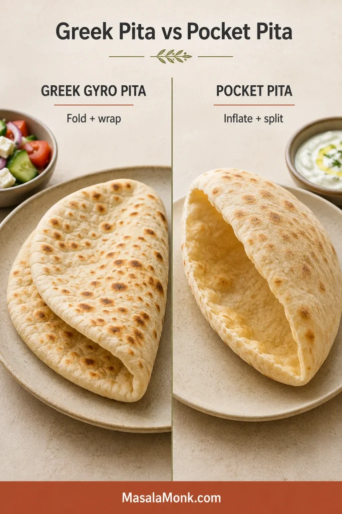 Side-by-side comparison of thick folded Greek gyro pita and thinner pita bread opened to reveal an internal pocket.