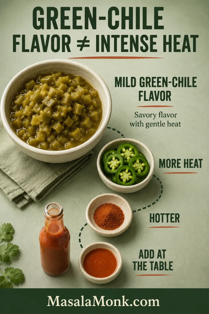 Mild diced green chiles compared with jalapeño, cayenne and hot sauce as increasingly hotter chile options.