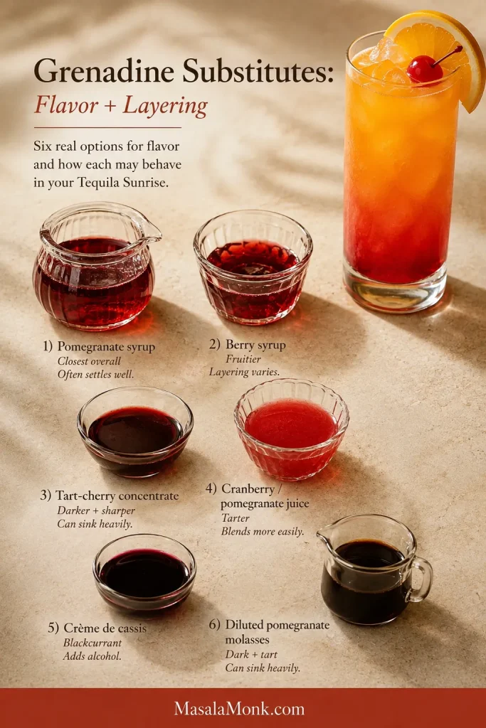 Grenadine substitute guide comparing several red syrups, juices and crème de cassis by flavor and how they layer in a Sunrise.