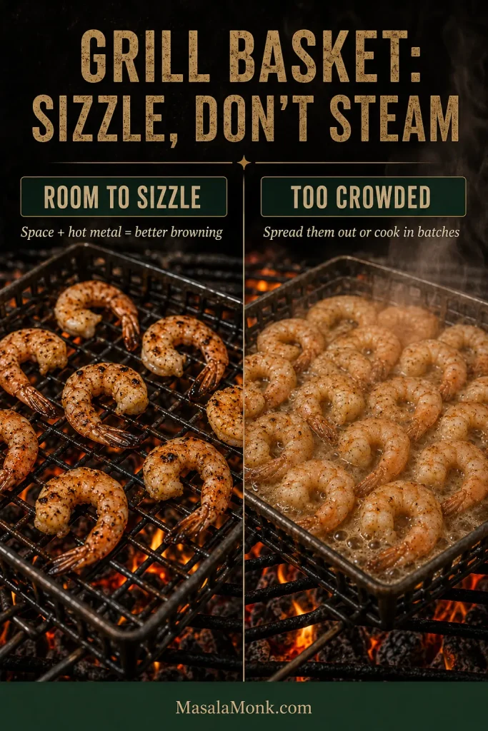 Two grill baskets compared side by side, one with shrimp spaced apart and browning and the other overcrowded with visible steam and moisture.