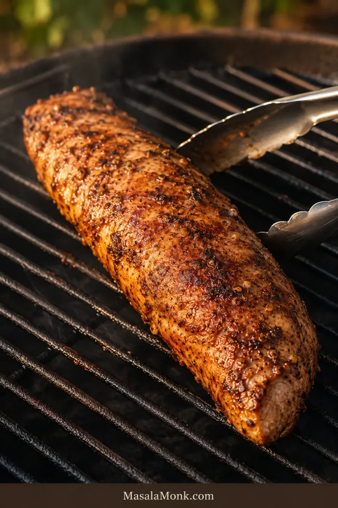 Marinated pork tenderloin on grill grates with irregular golden-mahogany browning, garlic flecks and a visibly tapered shape.
