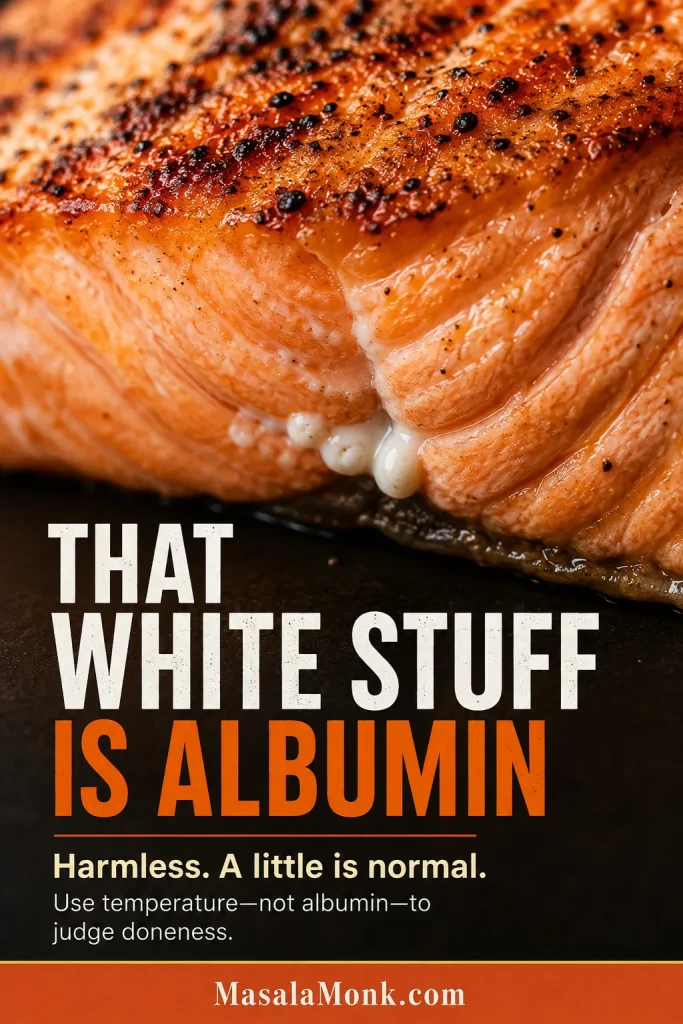 Close-up of grilled salmon with a small amount of white albumin emerging from a seam in the cooked flesh.