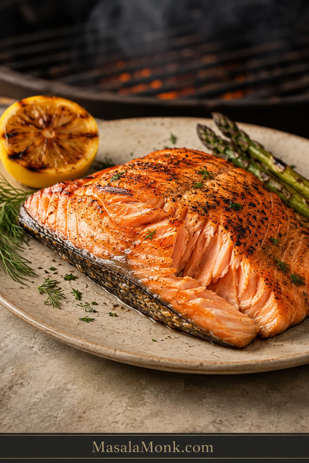 Finished grilled salmon fillet with browned skin, moist flaky flesh, lemon and grilled asparagus on a warm serving surface.
