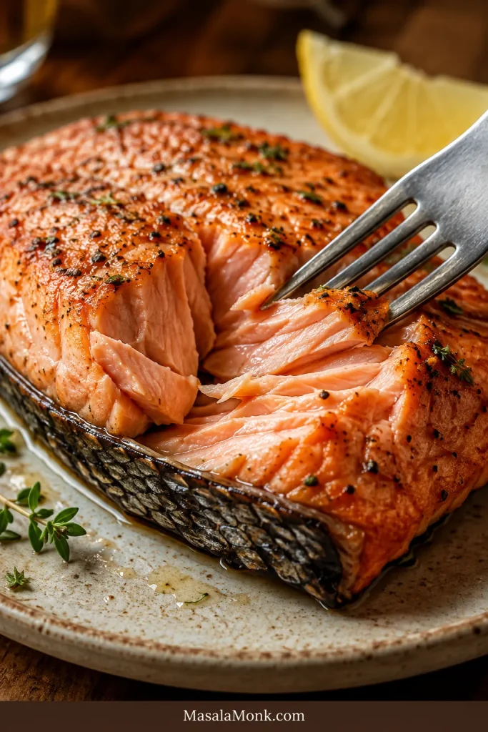 Close view of cooked salmon showing crisp browned skin underneath and tender, broad flakes of moist salmon flesh above.
