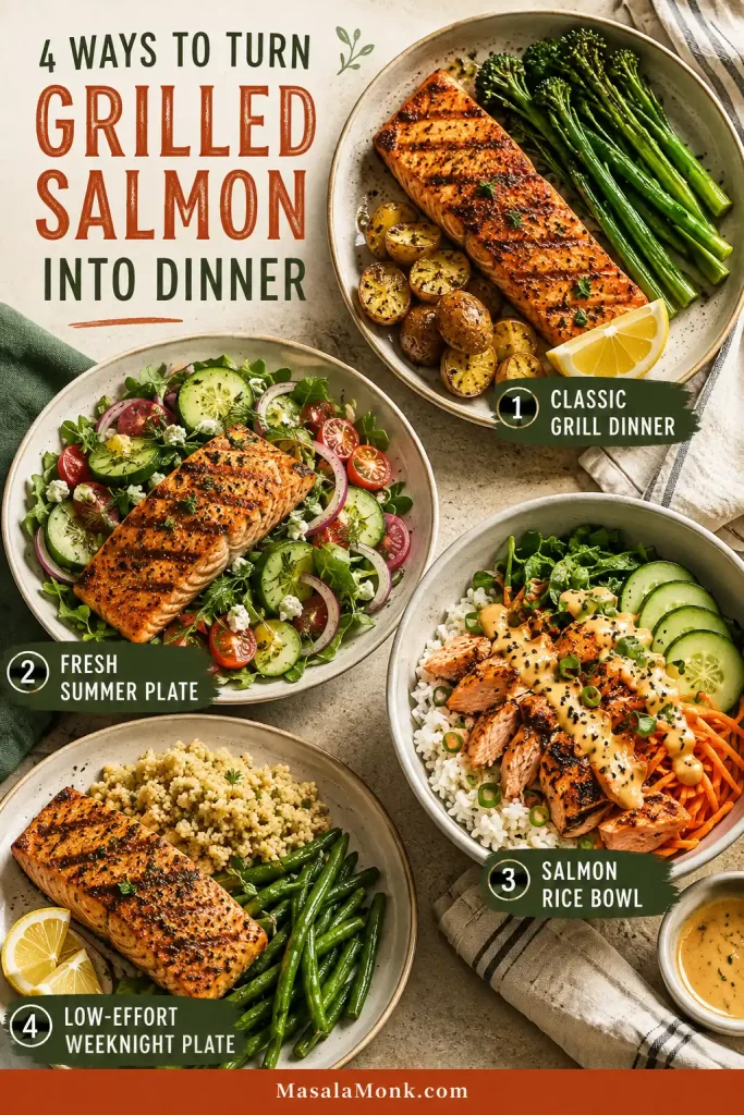 Four complete grilled salmon meals: salmon with potatoes and broccolini, salmon over a fresh salad, a salmon rice bowl, and salmon with grain and green beans.