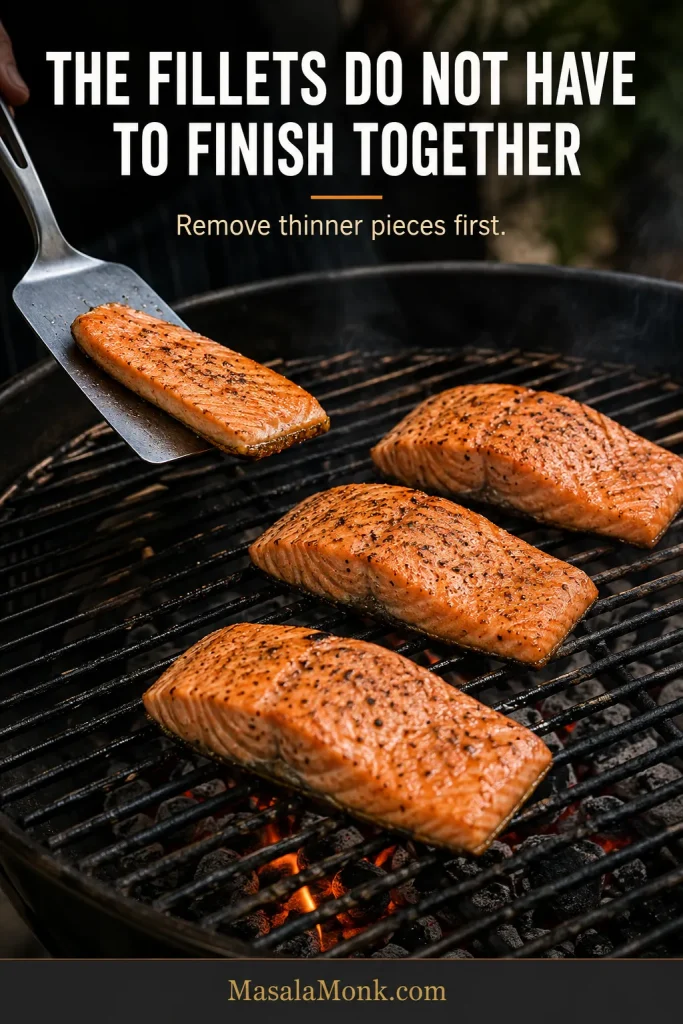 Thin cooked salmon fillet being lifted flesh-side up from a grill while three thicker skin-on fillets continue cooking.