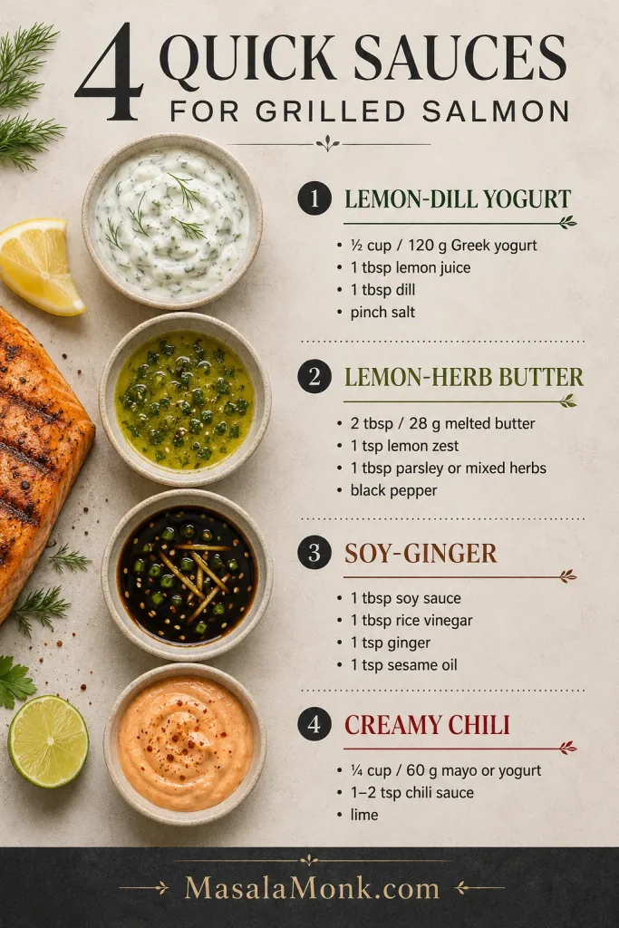 Four bowls of salmon sauces: lemon-dill yogurt, lemon-herb butter, soy-ginger sauce and creamy chili sauce, arranged beside grilled salmon.