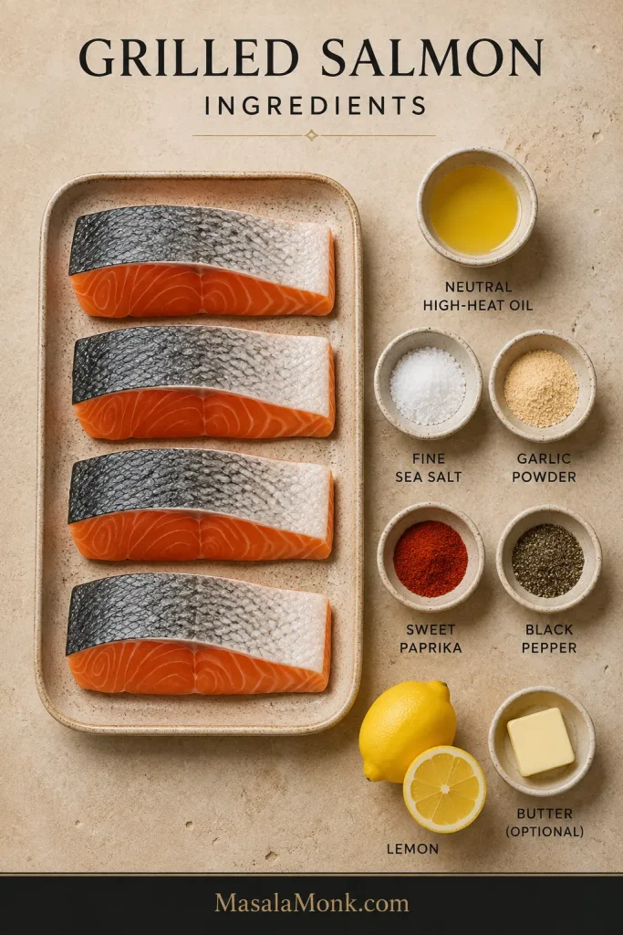 Overhead arrangement of skin-on salmon fillets, neutral oil, salt, garlic powder, sweet paprika, black pepper, lemon and optional butter.