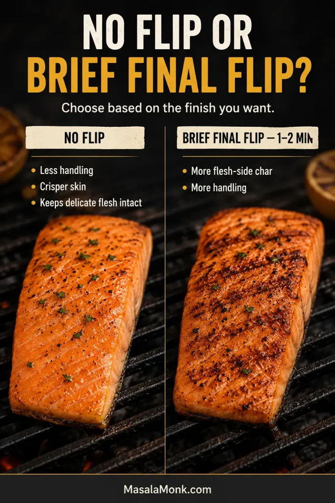 Two cooked salmon fillets comparing a no-flip method with smooth flesh to a briefly flipped fillet with darker browning on the flesh side.