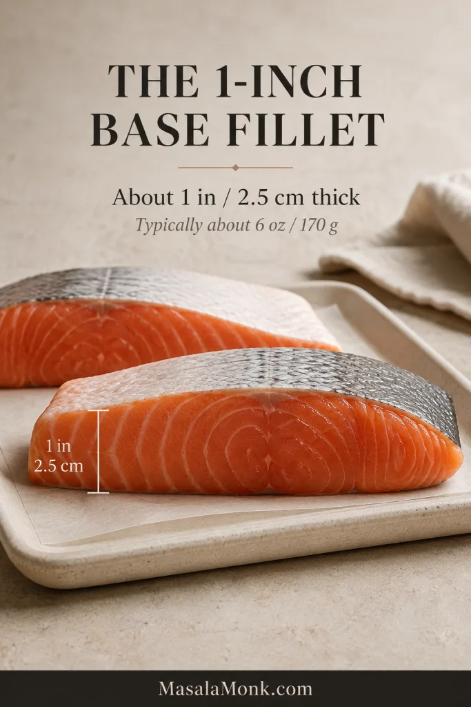 Raw center-cut skin-on salmon fillet shown from the side with a measurement marking about 1 inch, or 2.5 centimeters, thick.