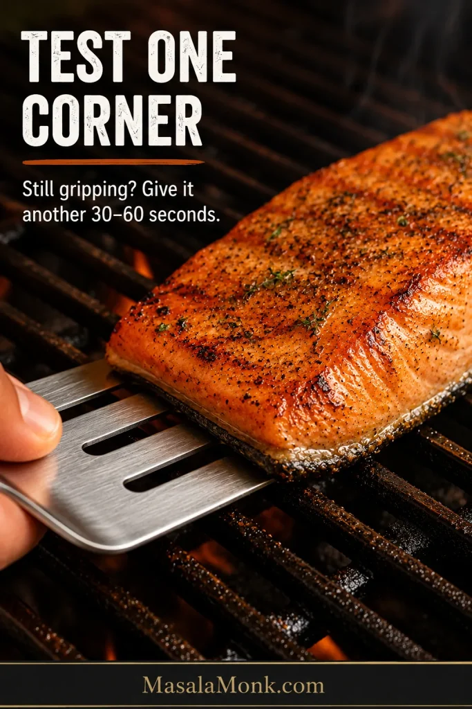 Thin metal fish spatula gently sliding under one corner of a browned skin-on salmon fillet while most of the fish remains flat on the grill.
