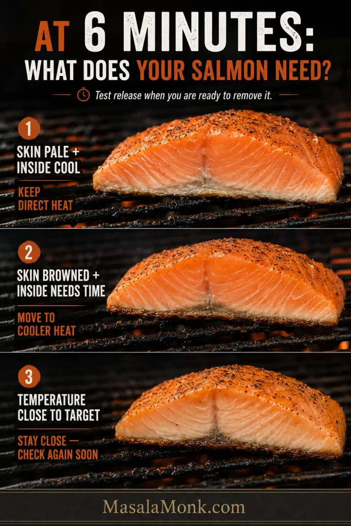 Three skin-side-down salmon fillets at different cooking stages showing when to keep direct heat, move to cooler heat, or stay nearby as the fish approaches doneness.