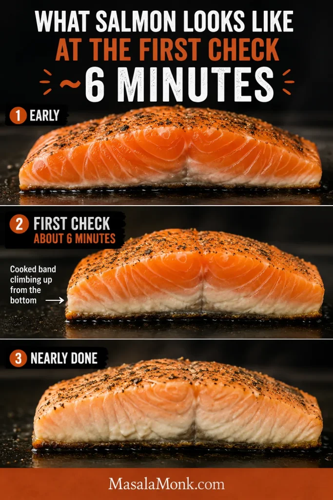 Three side views of salmon at early cooking, about six minutes and nearly done, showing the opaque cooked band rising through the flesh.