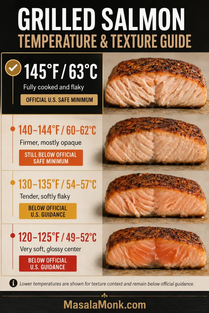 Four cooked salmon cross-sections illustrating texture at 120–125°F, 130–135°F, 140–144°F and 145°F, with 145°F identified as the official U.S. safe minimum.