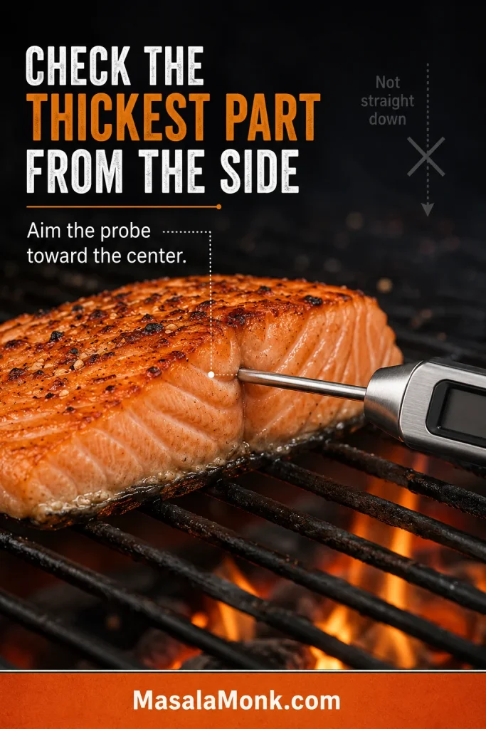 Instant-read thermometer inserted horizontally through the side of a thick skin-on salmon fillet toward its center while the fish cooks on the grill.
