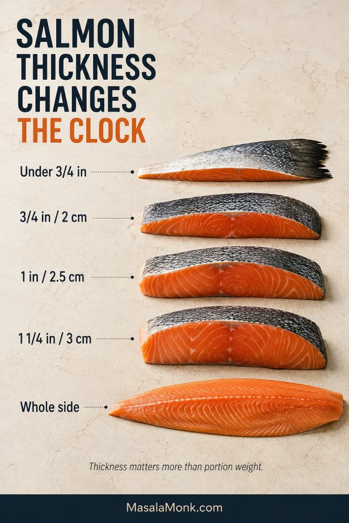 Side-by-side raw salmon portions ranging from under three-quarter inch thick to about one and one-quarter inches, plus a whole side of salmon.