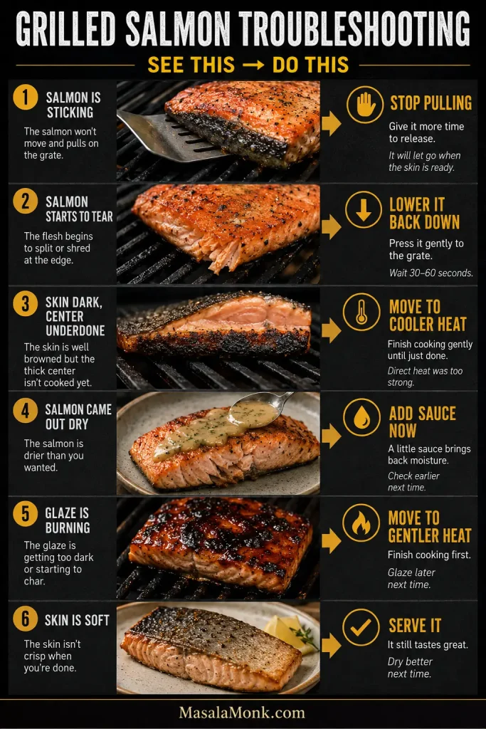 Six-part troubleshooting guide showing salmon that is sticking, tearing, browned outside but underdone inside, dry, developing a burning glaze, and finished with soft skin, with an immediate corrective action for each.