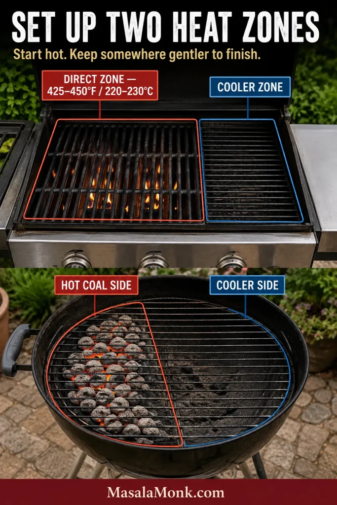 Comparison of gas and charcoal grills arranged with a hotter direct-cooking area and an adjacent cooler zone for finishing salmon.