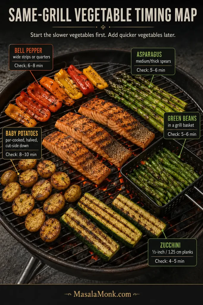 Overhead charcoal grill holding salmon, halved baby potatoes, bell pepper pieces, asparagus, zucchini planks and green beans in a grill basket, with first-check times labeled for each vegetable.