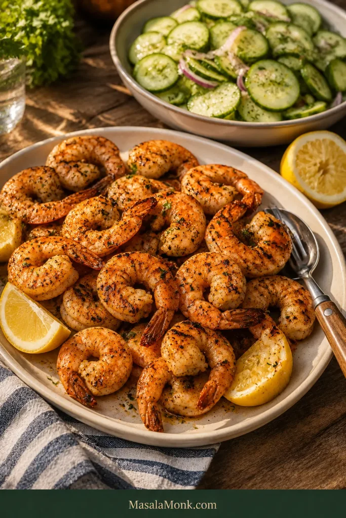 Plate of hot grilled shrimp with lemon beside a bowl of chilled cucumber and red onion salad on a sunny wooden table.