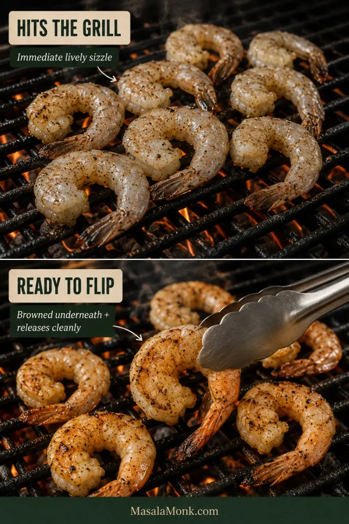 Two-stage grill scene showing raw shrimp sizzling as they hit hot grates and later a shrimp being lifted to reveal a browned underside that releases cleanly.