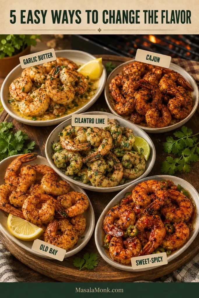 Five bowls of grilled shrimp labeled garlic butter, Cajun, cilantro lime, Old Bay and sweet-spicy, each with visibly different seasoning and garnish.