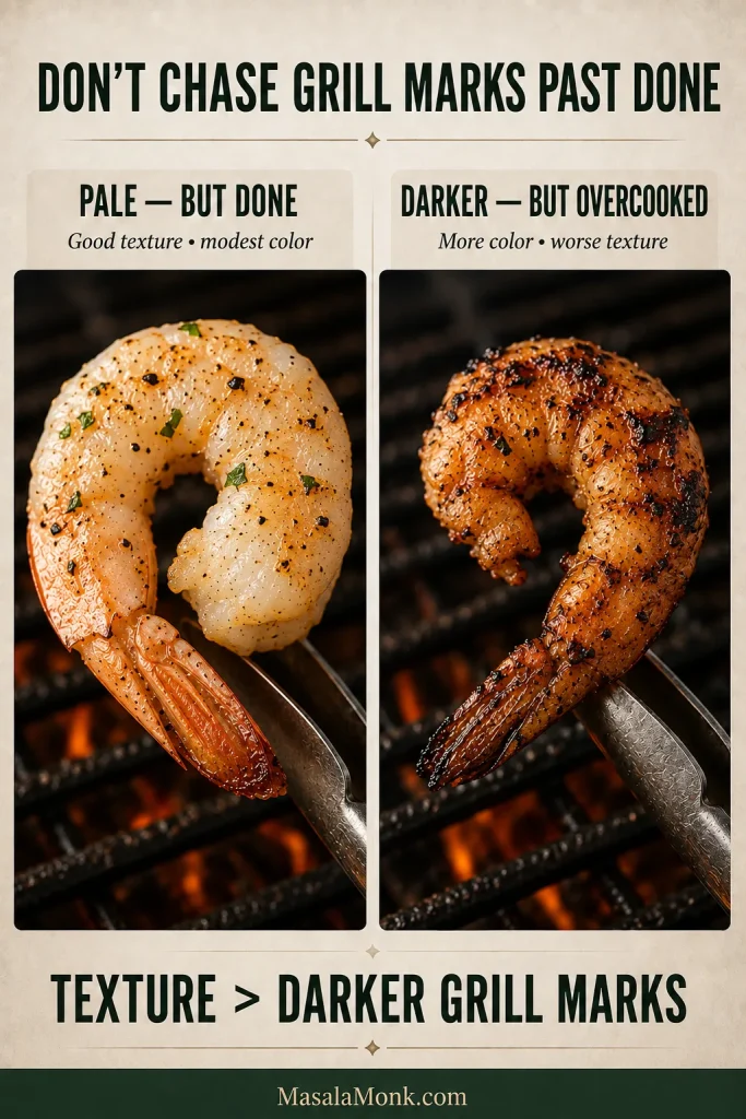 Side-by-side grilled shrimp comparison with a paler but plump cooked shrimp and a darker, more tightly curled and overcooked shrimp.