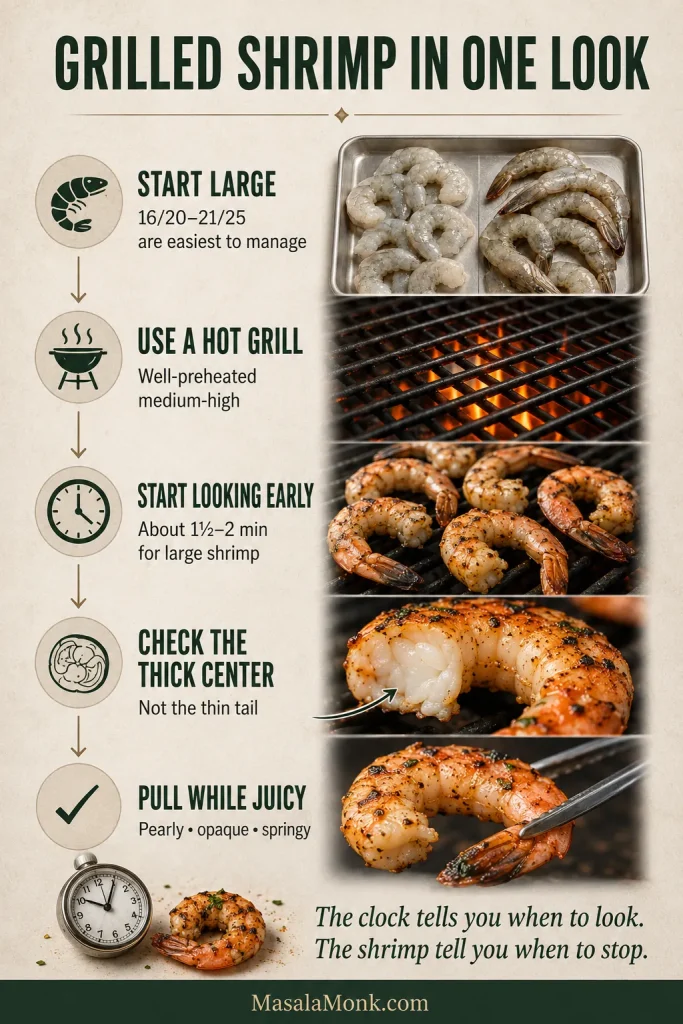 Illustrated grilled shrimp guide showing five steps: choose large shrimp, use a hot grill, check early, inspect the thick center and remove the shrimp while juicy.