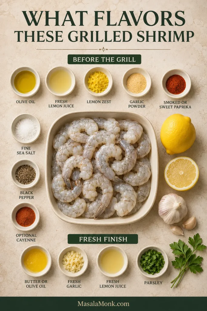 Overhead arrangement of raw shrimp with olive oil, lemon, zest, paprika, garlic powder, salt and pepper grouped separately from butter, fresh garlic, lemon and parsley for finishing.