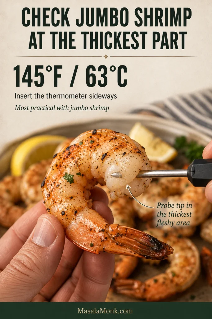 Hand holding a jumbo grilled shrimp while an instant-read thermometer probe enters sideways into the thickest fleshy part, with a 145°F or 63°C reference.