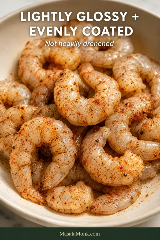 Close-up of raw peeled shrimp in a bowl with a thin, even coating of seasoned oil and lemon, with the shrimp glossy but not submerged in liquid.